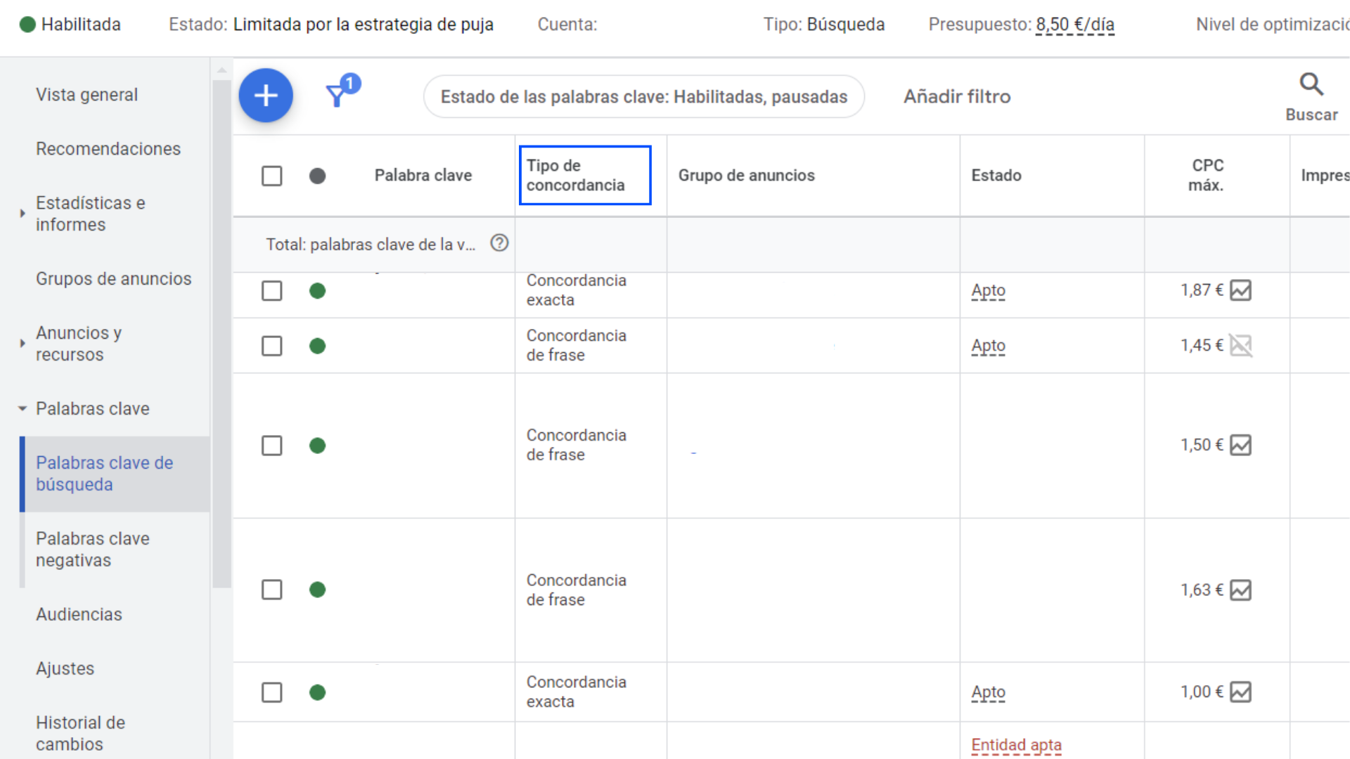 Concordancias de Palabras Clave Google Ads